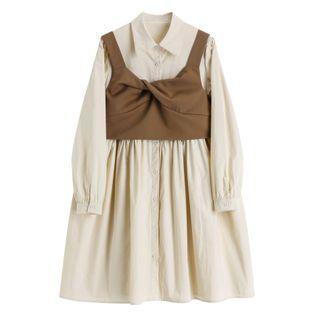 Set: Plain Tank Top + Long-sleeve Shirt Dress Almond - One Size