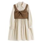 Set: Plain Tank Top + Long-sleeve Shirt Dress Almond - One Size