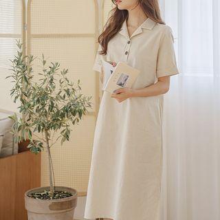 Open-placket Rollup-sleeve Midi Dress