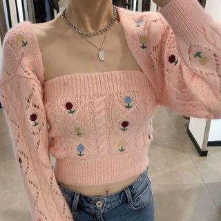 Floral Embroidered Knit Shrug / Tube Top / Set