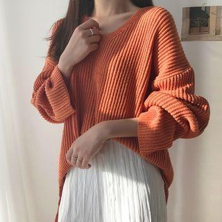 V-neck Loose-fit Rib-knit Top
