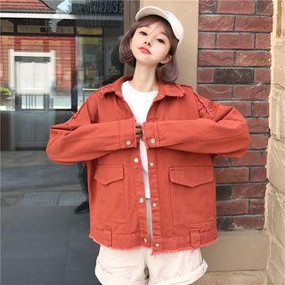Letter Embroidered Fray Hem Jacket