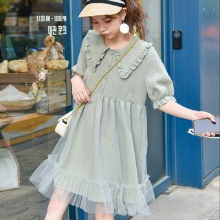 Short-sleeve Collared Mesh Overlay Dress
