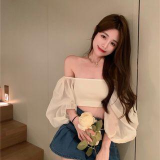 Off Shoulder Plain Cropped Blouse White - One Size