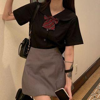 Elbow-sleeve Shirt / Striped Ribbon Bow-tie / Mini A-line Skort