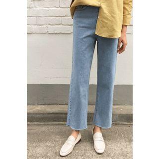 Fray-hem Washed Wide Straight-cut Jeans