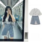 Set: Short-sleeve Striped Shirtdress + A-line Denim Skirt