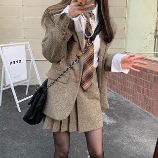 Single-breasted Blazer / Mini A-line Skirt / Plain Shirt / Plaid Tie / Set
