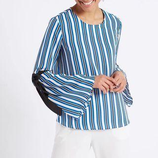 Tie-sleeve Striped Round Neck Blouse