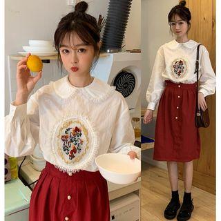 Embroidered Blouse / High Waist A-line Skirt