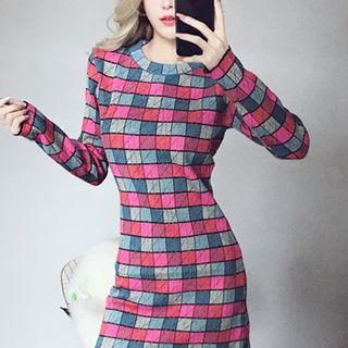 Knit Long-sleeve Plaid Mini A-line Dress