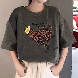 Elbow-sleeve Leopard Cartoon T-shirt