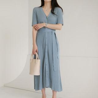 V-neck Ribbed Shirtdress With Sash