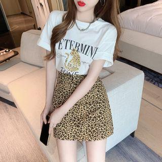 Elbow-sleeve Leopard Print T-shirt / Mini A-line Skirt