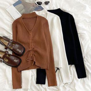 Long-sleeve Plain Cut-out Drawstring Knit Top