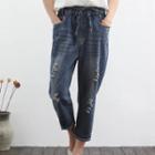 Drawstring Ripped Washed Cropped Jeans