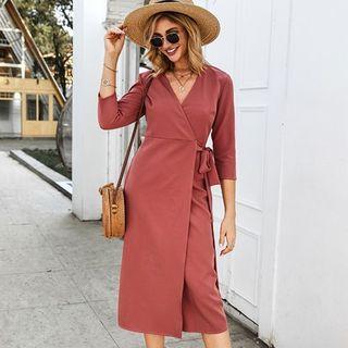 3/4-sleeve V Neck Tie-waist Dress
