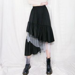 Color-block Mesh Layered Skirt Black - One Size