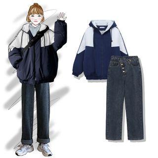 Hooded Paneled Zip Jacket / Straight-cut Jeans