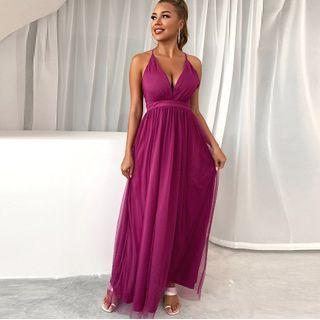 V-neck Crisscross Back Mesh Prom Dress