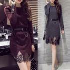 Long-sleeve Lace Trim Knitted Dress