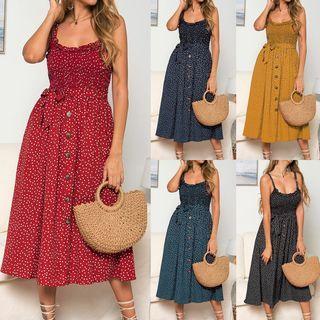 Spaghetti Strap Dotted Button-up Midi A-line Dress