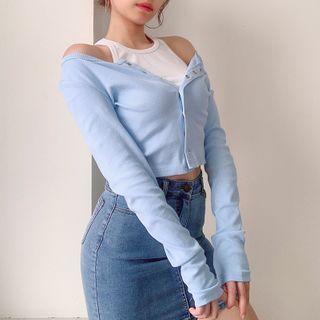 Set: Cropped Tank Top + Button Long-sleeve T-shirt