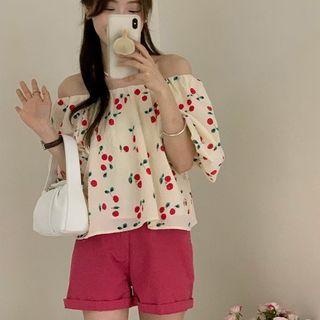Off-shoulder Cherry Print Blouse / Shorts