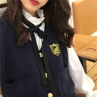 Embroidered Vest / Plain Bell-sleeve Blouse
