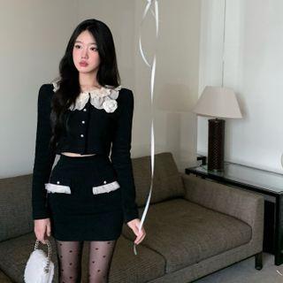 Long-sleeve Ruffle Cropped Top / Slim-fit Mini Skirt