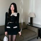 Long-sleeve Ruffle Cropped Top / Slim-fit Mini Skirt