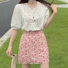 Puff-sleeve Eyelet Blouse / Floral Print Mini A-line Skirt / Slit Midi A-line Skirt