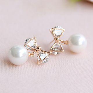 Rhinestone Bow Faux Pearl Earrings