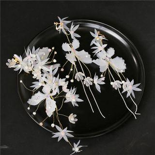 Wedding Set: Faux Pearl Flower Headpiece + Fringed Earring 1 Pc - Headpiece / 1 Pair - Earrings - White - One Size
