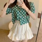 Puff-sleeve Floral Crop Shirt Green - One Size
