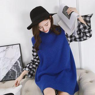 Set: Plaid Shirt + Long Knit Vest