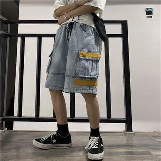 Washed Wide-leg Denim Cargo Shorts