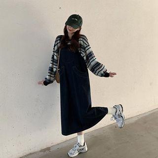 Striped Sweatshirt / Denim Midi A-line Overall Dress