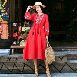 Puff-sleeve Floral Embroidered Tasseled Midi A-line Dress