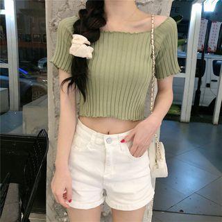 Short-sleeve Square-neck Lettuce Edge Cropped Knit Top