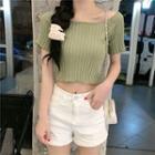 Short-sleeve Square-neck Lettuce Edge Cropped Knit Top