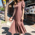 Square-neck Ruffle-hem Dress Brown - One Size