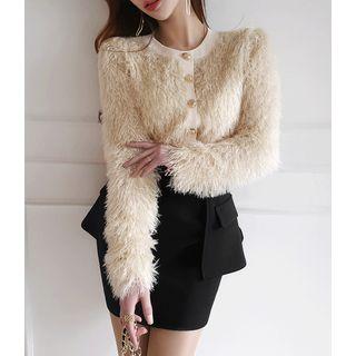 Metallic-button Faux-fur Cropped Cardigan