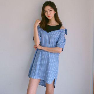 Elbow-sleeve Off-shoulder Crewneck Striped Panel Sheath Dress