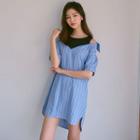 Elbow-sleeve Off-shoulder Crewneck Striped Panel Sheath Dress
