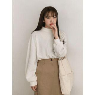 Mock-neck Balloon-sleeve Ribbed Pullover