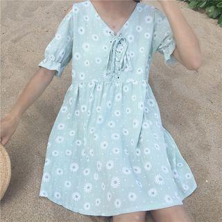 Printed Lace-up Short-sleeve A-line Dress