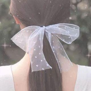 Dotted Mesh Bow-accent Hair Tie Dots - White - One Size