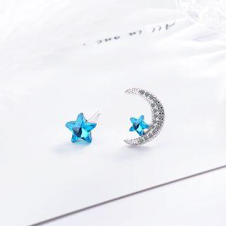 Rhinestone Moon & Star Non-matching Earring Platinum Plating - One Size