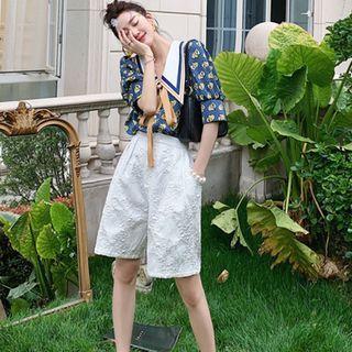 High-waist Wide-leg Shorts / Elbow-sleeve Floral Print Blouse